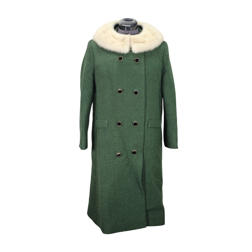 Sycamore Frederick Nelson Green Double Breasted Fur Collar Tweed Coat Women L/XL